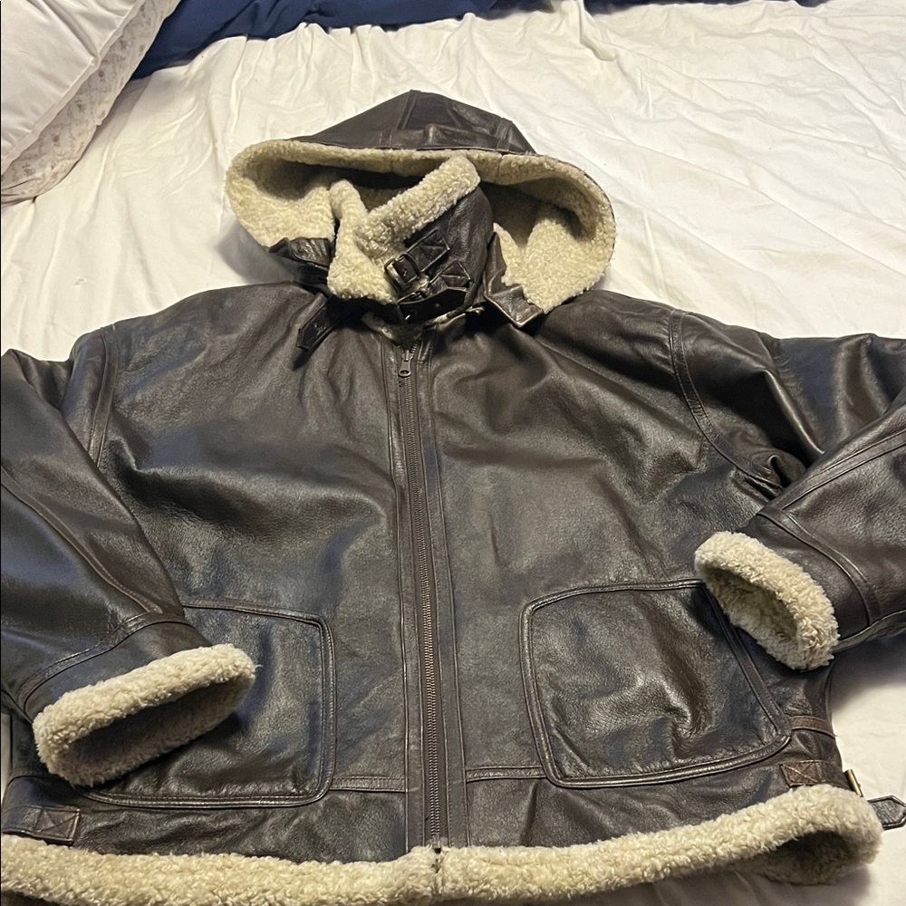 Wilsons Leather Dark Brown Hooded Jacket with Shearling Trim